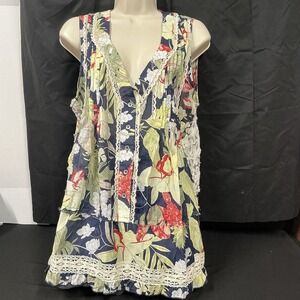 POL Sleeveless Top Medium Navy Blue Tropical Floral Lace Trim Boho V-Neck Tiered